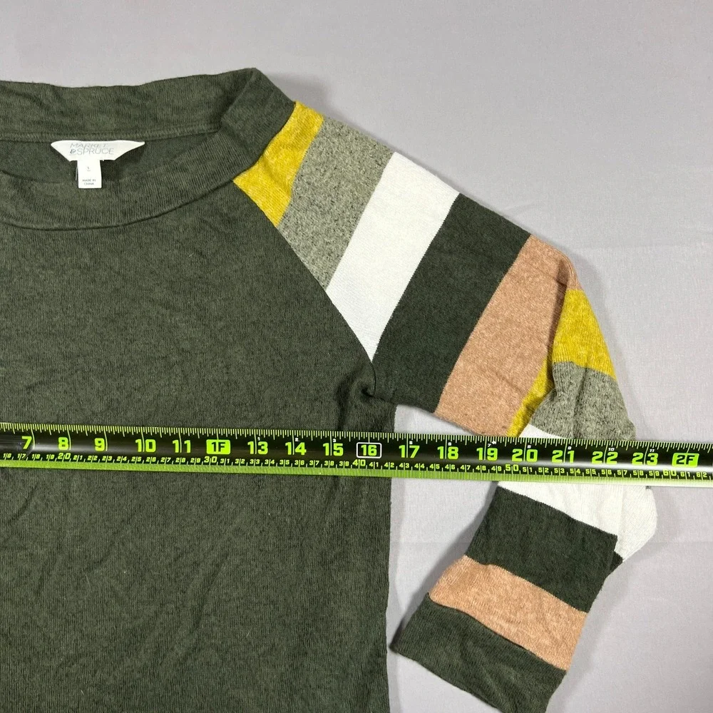 Market & Spruce Sweater Womens Small Olive Green Striped Raglan Sleeve Boat Neck
